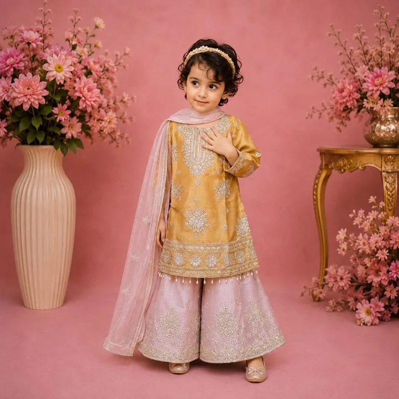 Master Yellow Girls Sharara Set – Elegant Party Wear Dress for Kids — Image 1