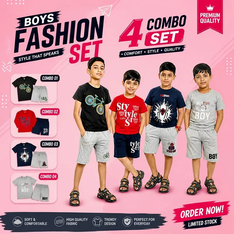 Boys Fashion 4 Combo T-Shirt & Shorts Set